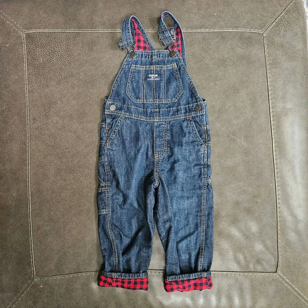 OshKosh B'gosh Red Buffalo Plaid Flannel Lined Denim Overalls Unisex Size 4T
